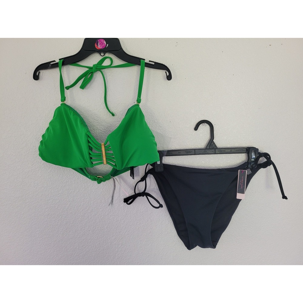 Victoria's Secret Archives Bikini Green Gold Hardware Top Black Bottoms XL #12